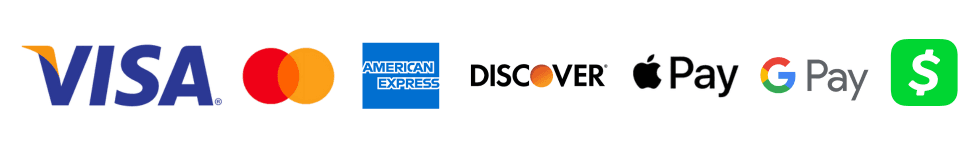 Visa, Mastercard, American Express, Discover, Apple Pay, Google Pay